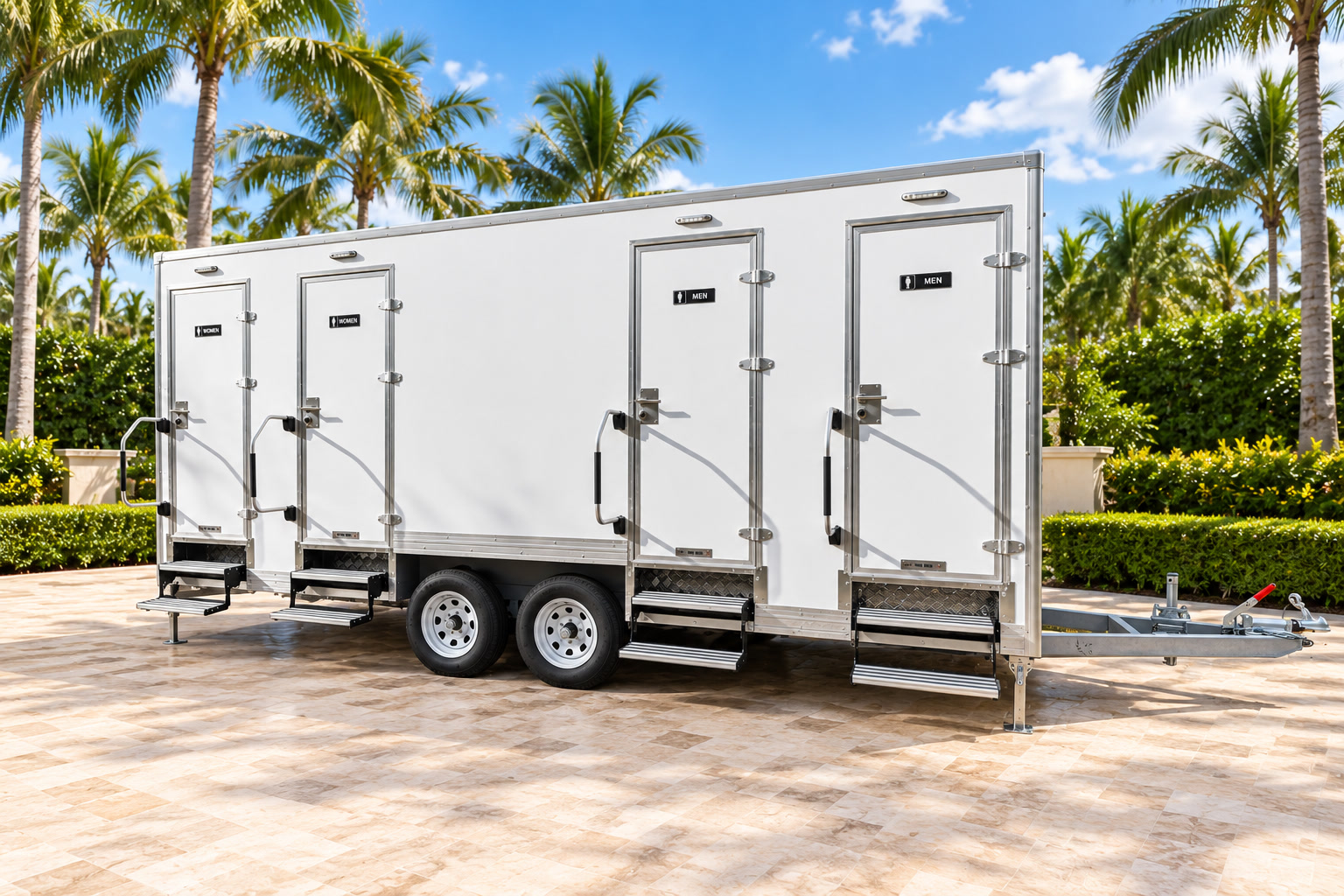 Four-stall restroom trailer at a coastal event venue