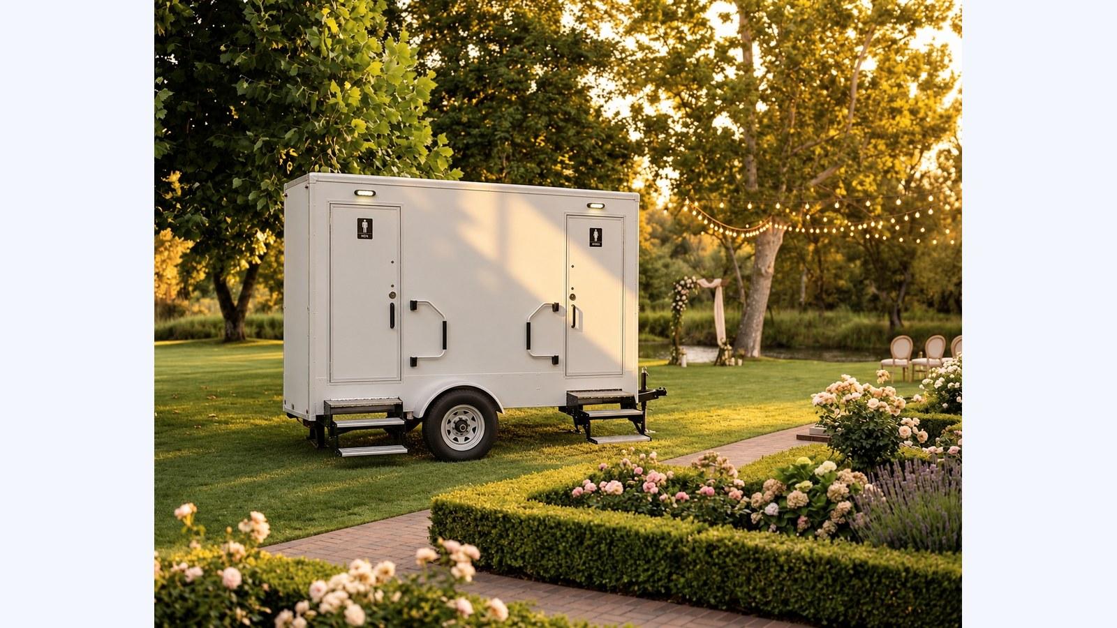 Two-stall restroom trailer in a garden wedding setting