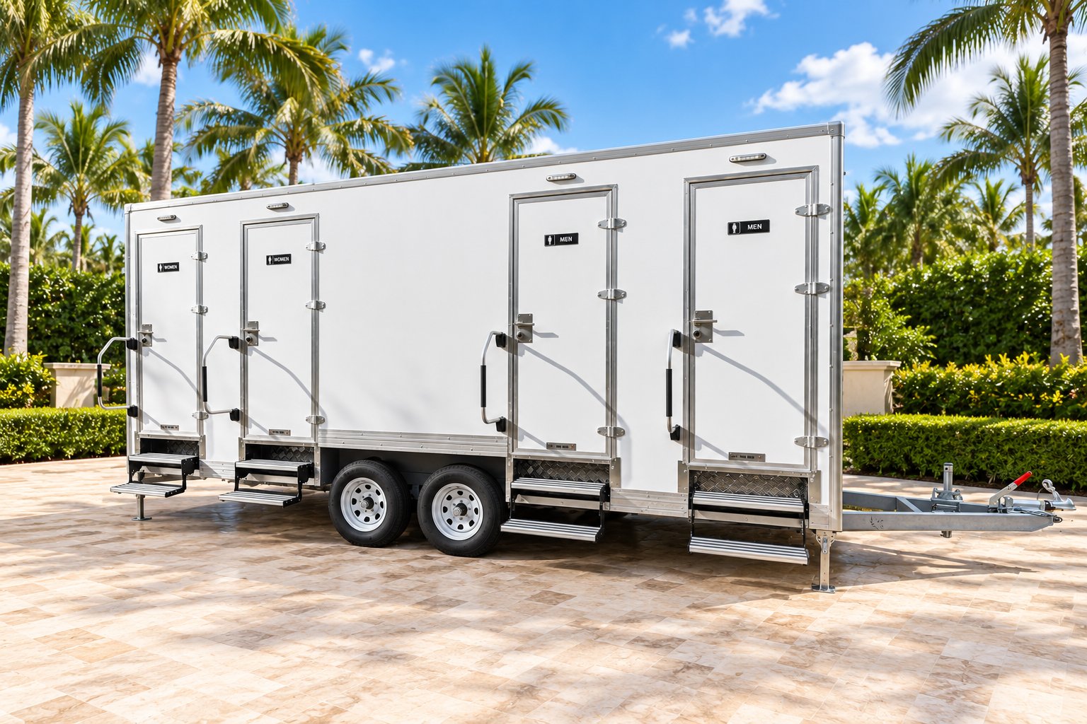 Four-stall restroom trailer surrounded by palm trees