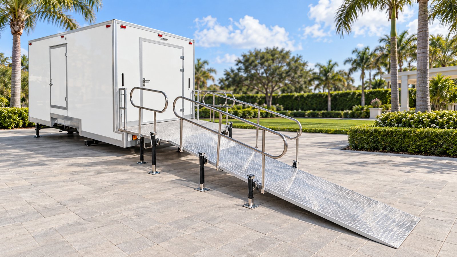 Wheelchair-accessible restroom trailer with a ramp